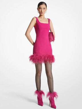 Michael Kors | NWT Bright Pink Feather Trim Stretch Crepe Shift Dress Size 00